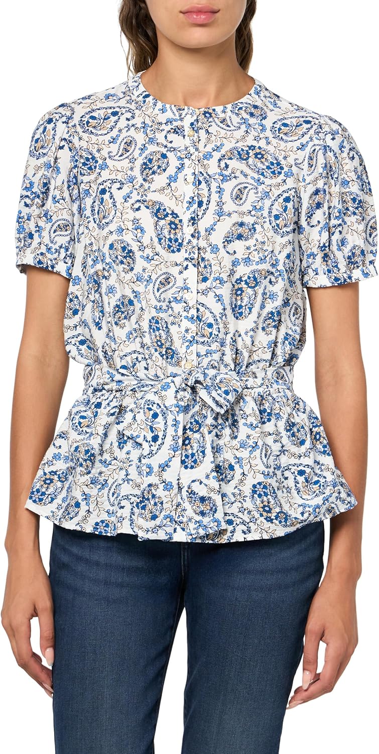 

Женская рубашка Tommy Hilfiger с коротким рукавом и принтом пейсли на пуговицах с поясом, Ivory/Midnight