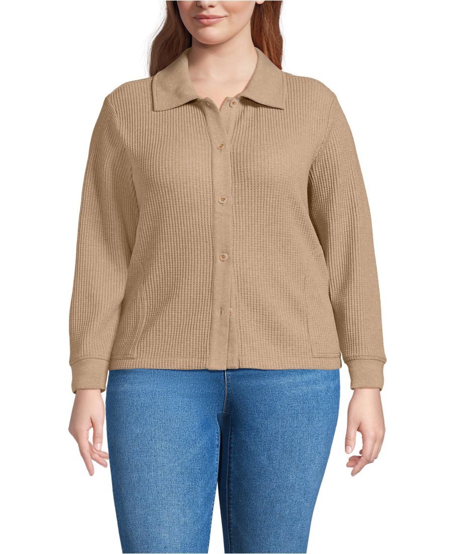 

Женская куртка-рубашка большого размера с длинными рукавами и вафельным воротником Lands' End, Light toffee heather