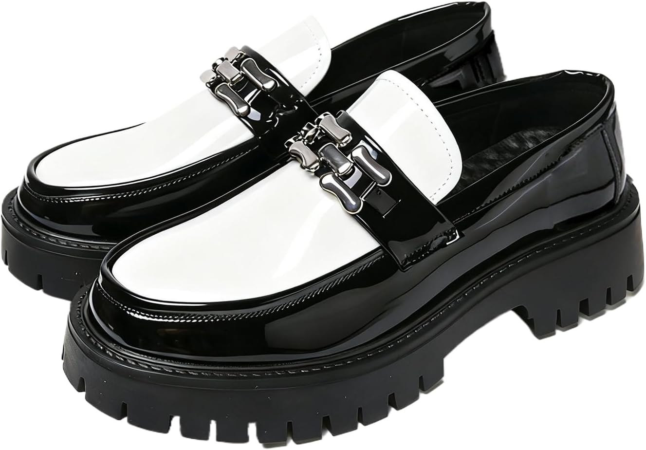 

Мужские лаковые туфли с платформой на слипоне, с металлической отделкой, классический круглый носок, противоскользящая подошва, деловая и повседневная обувь Nxnbhsl, белый