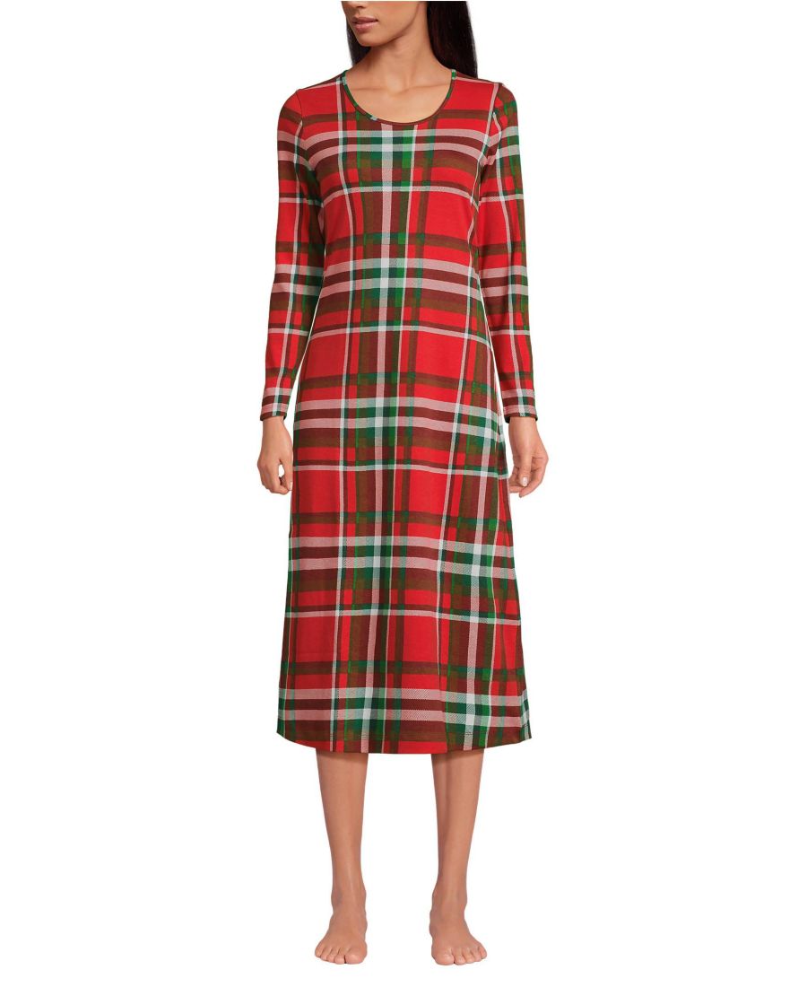 

Женская хлопковая ночная рубашка с длинными рукавами и длиной до середины икры, укороченная Lands' End, Compass red/emerald plaid