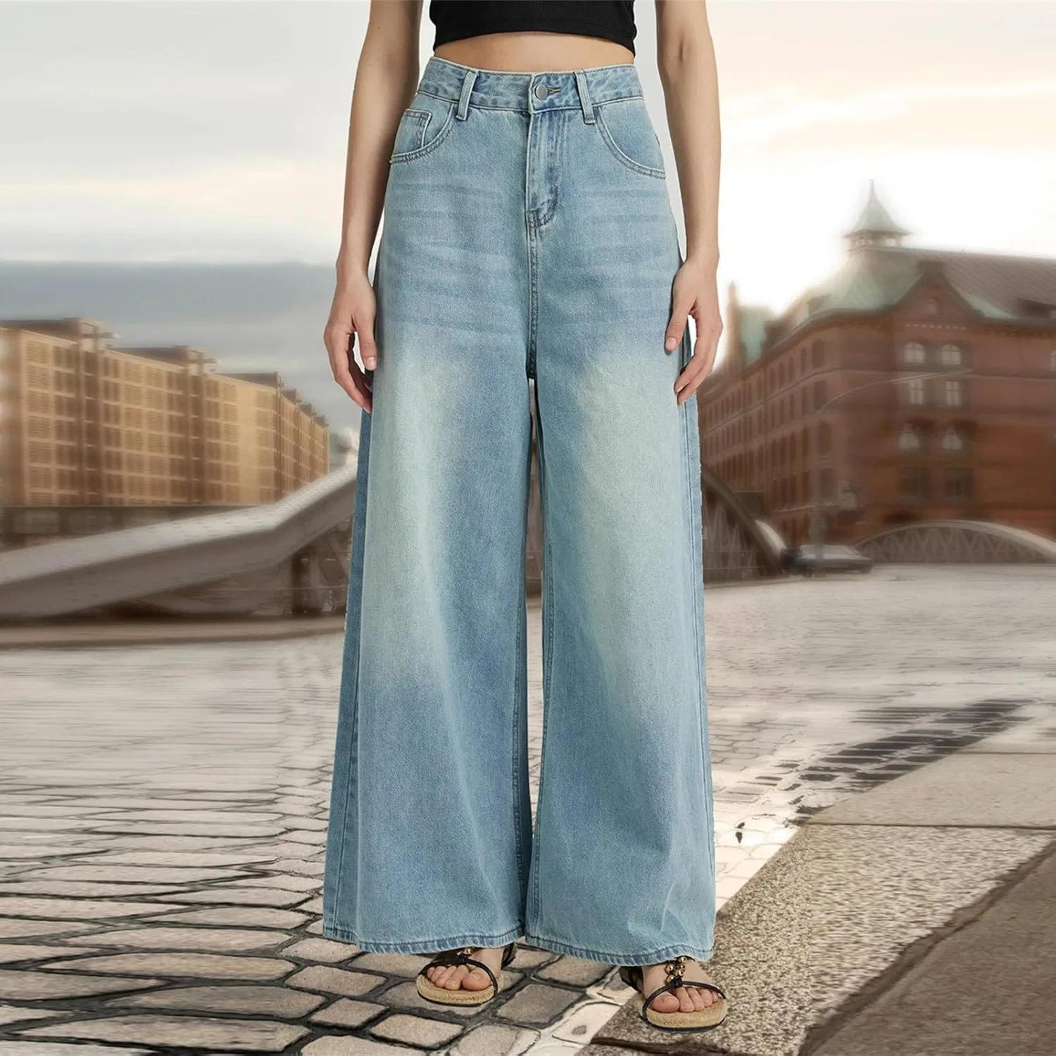 Джинсы свободные, High Waisted, светло-синие — фото 2
