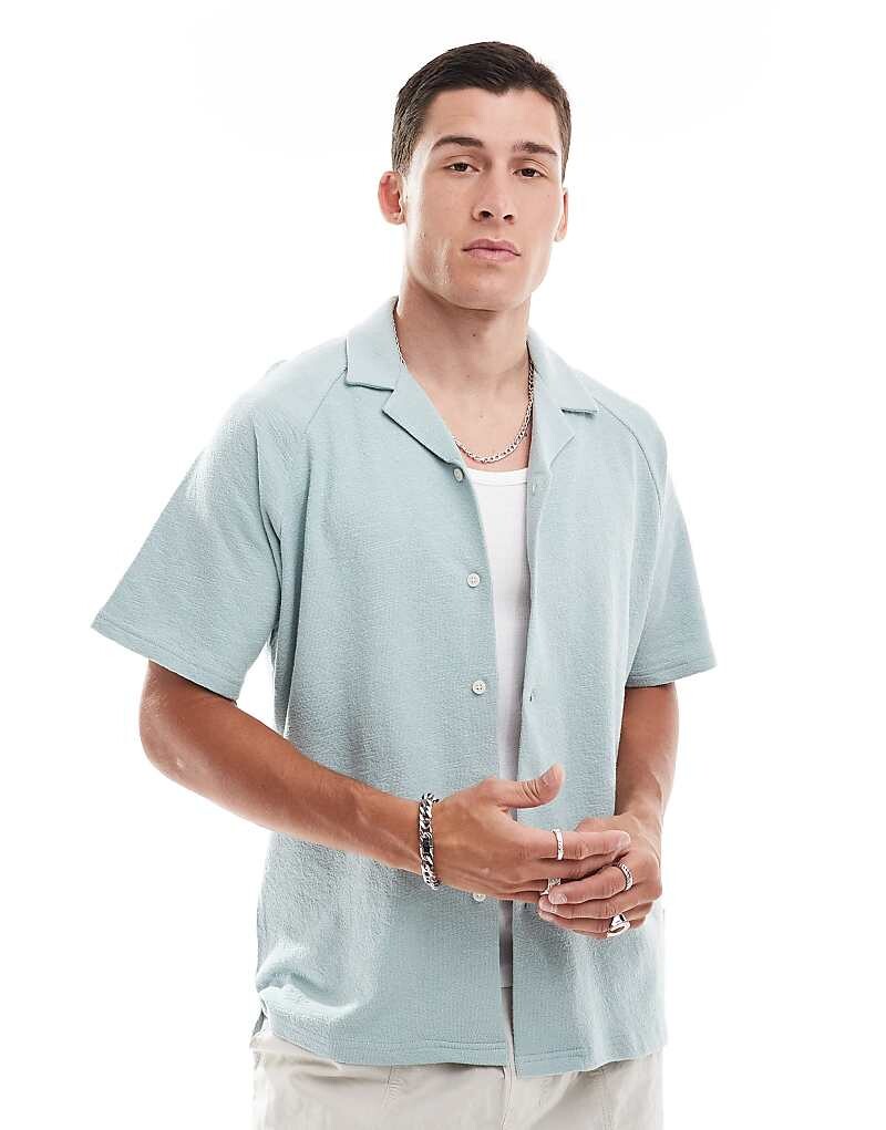 

Голубая фактурная рубашка оверсайз с кубинским воротником Jack & Jones