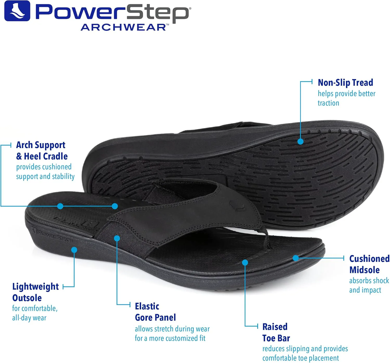 Мужские ортопедические шлепанцы PowerStep с поддержкой свода стопы, амортизирующей подошвой, легкие, с противоскользящей подошвой, коричневый — фото 3