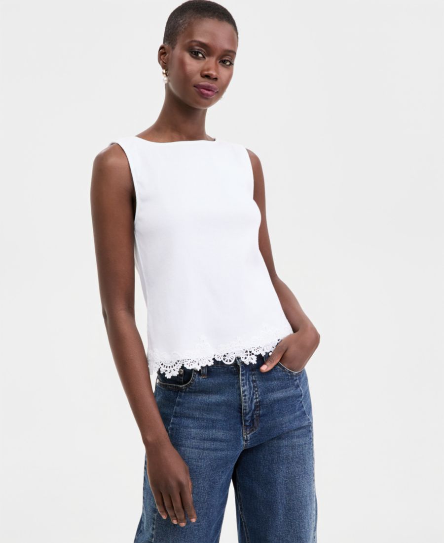 

Женская вязаная блузка без рукавов с вырезом-лодочкой и кружевом On 34th, Bright White