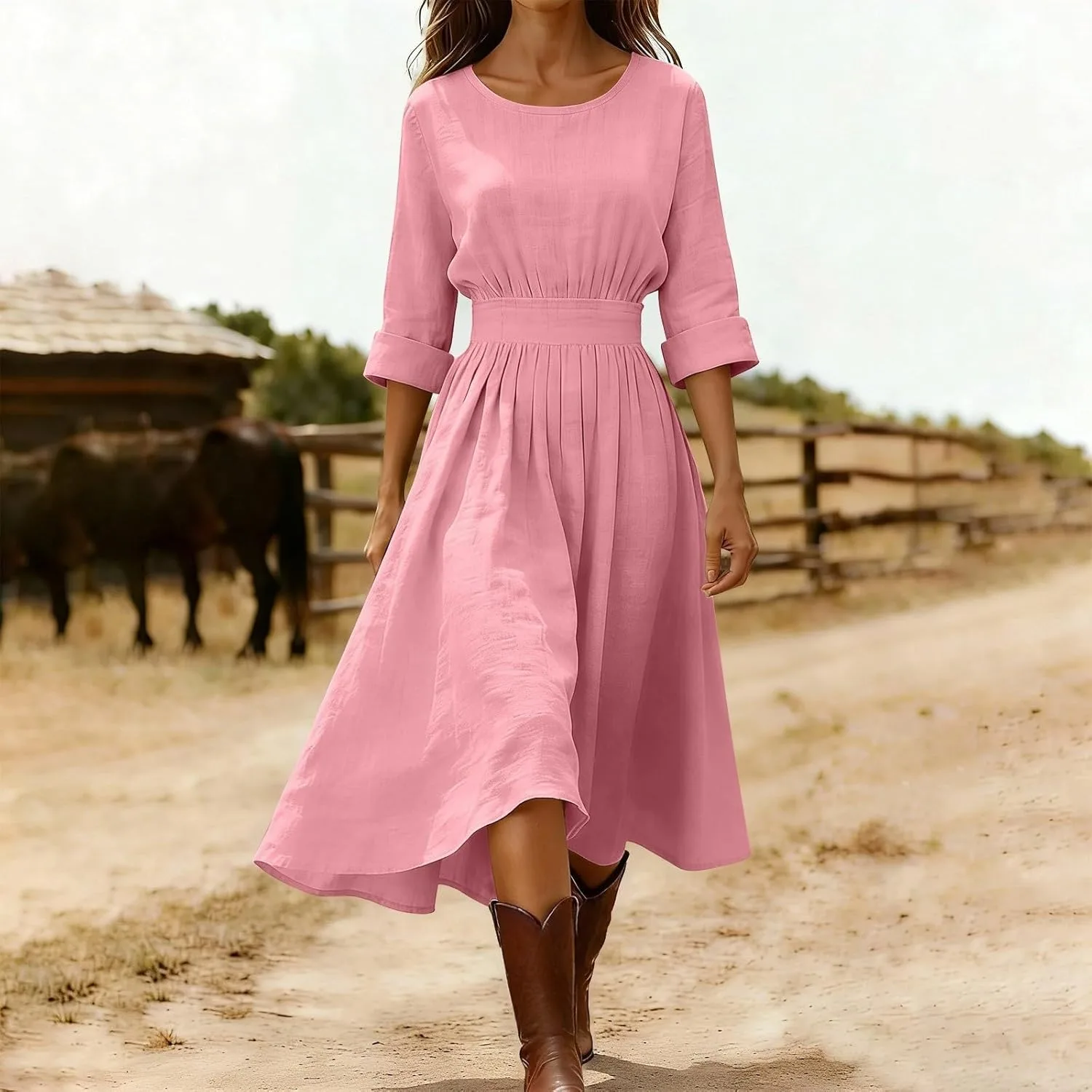 Платье Western Linen для женщин 2026, пляжный отдых, круизный наряд, плиссированное платье миди A-силуэта, струящееся, бохо-шик Generic, розовый — фото 2