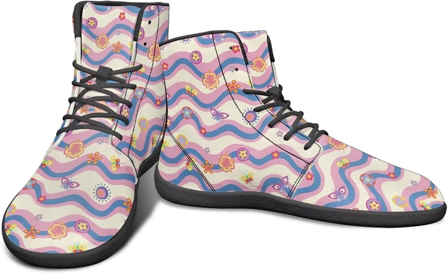 

Высокие кроссовки с цветочным узором и нулевым перепадом для мужчин и женщин, легкие минималистичные обувь для бега и походов Watdotory, Cartoon Flower Butterfly Wavy Line Print