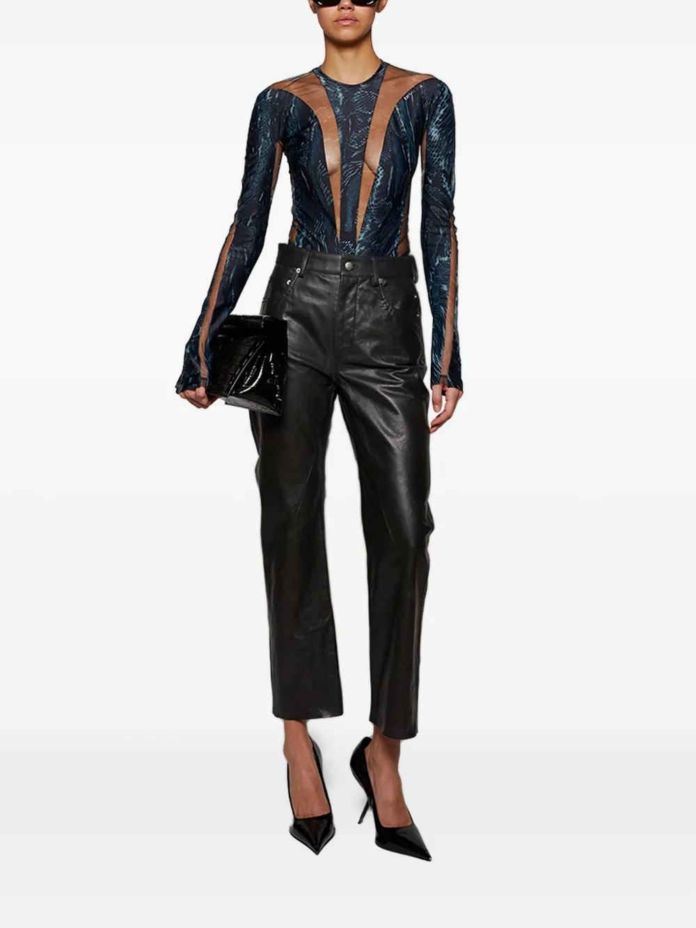 Сетчатое боди со змеиным принтом Mugler, черный — фото 2