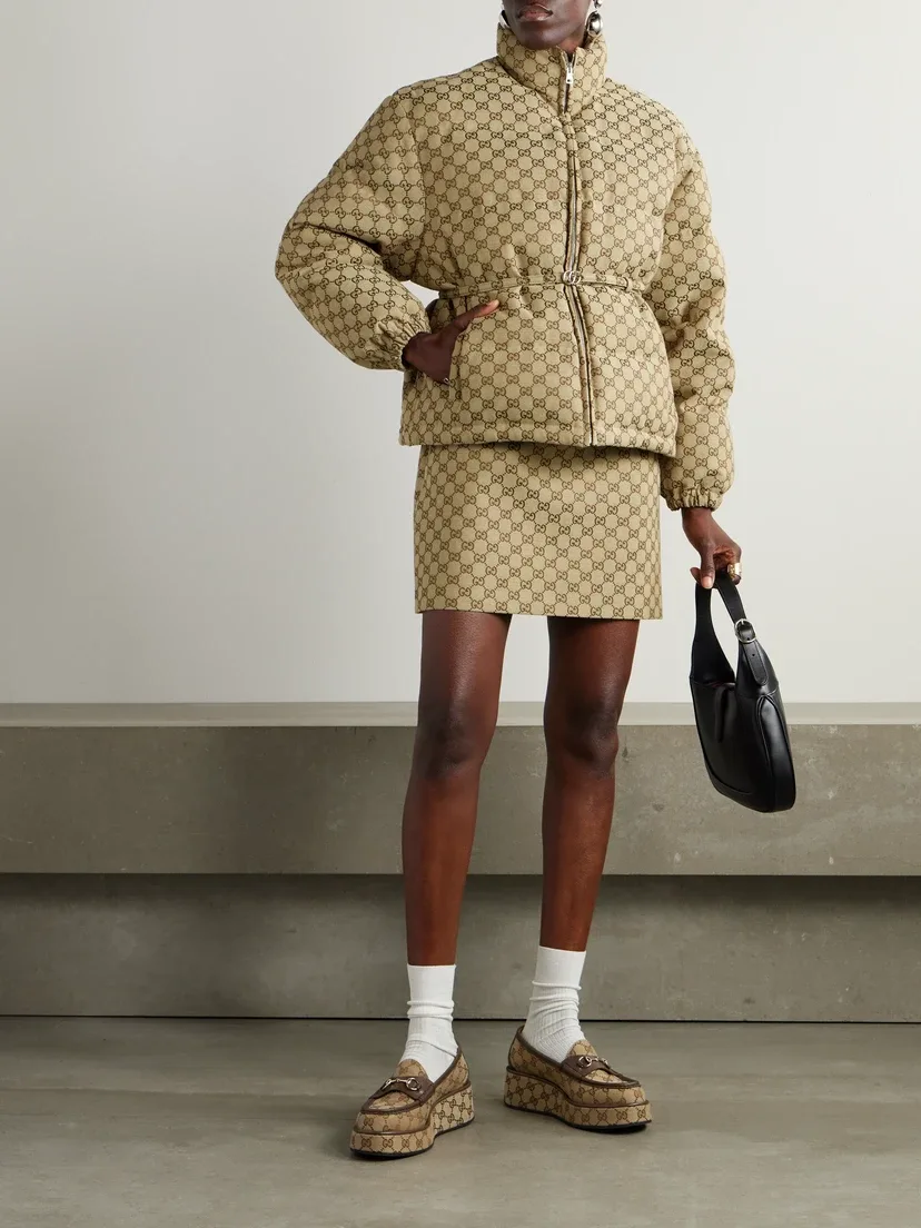 Пуховик GUCCI Из смеси хлопка с кожаными вставками, С поясом, Хаки — фото 2