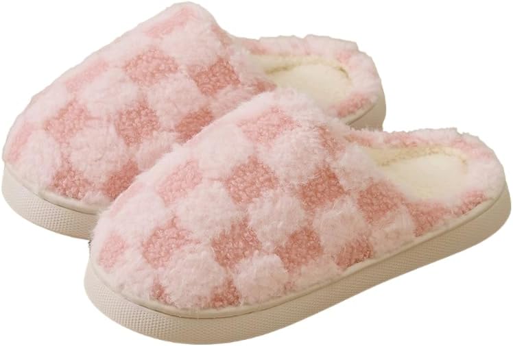 

Домашние тапочки CWODOR в клетку для женщин и мужчин, плюшевый флис внутри, теплые домашние тапочки на скользящей подошве, розовый