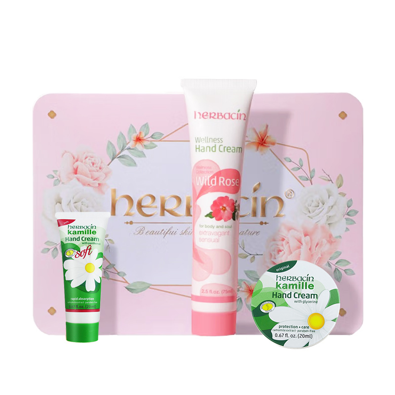 Подарочный набор кремов для рук Herbacin Wellness Hand Cream: с ароматом розы, 75 мл + классический с ромашкой (20 мл + 20 мл) — фото 4