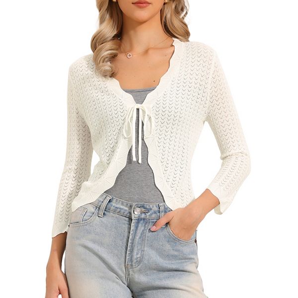 

Кардиган с завязкой спереди для женщин, укороченный, с рукавом 3/4 Inspire Chic, White