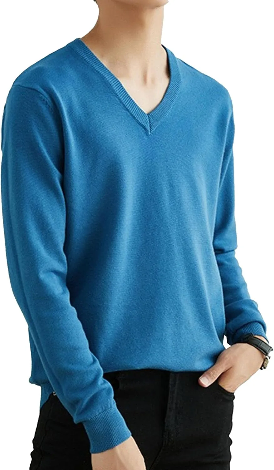 

Мужской тонкий вязаный свитер с V-образным вырезом и длинными рукавами