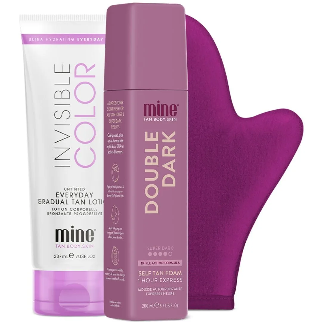 Набор MineTan Forever Bronze Self Tan Mousse | Экспресс-комплект - включает пену для автозагара Double Dark, лосьон для постепенного загара и варежку Набор из 4 штук Minetan Body.Skin, Medium