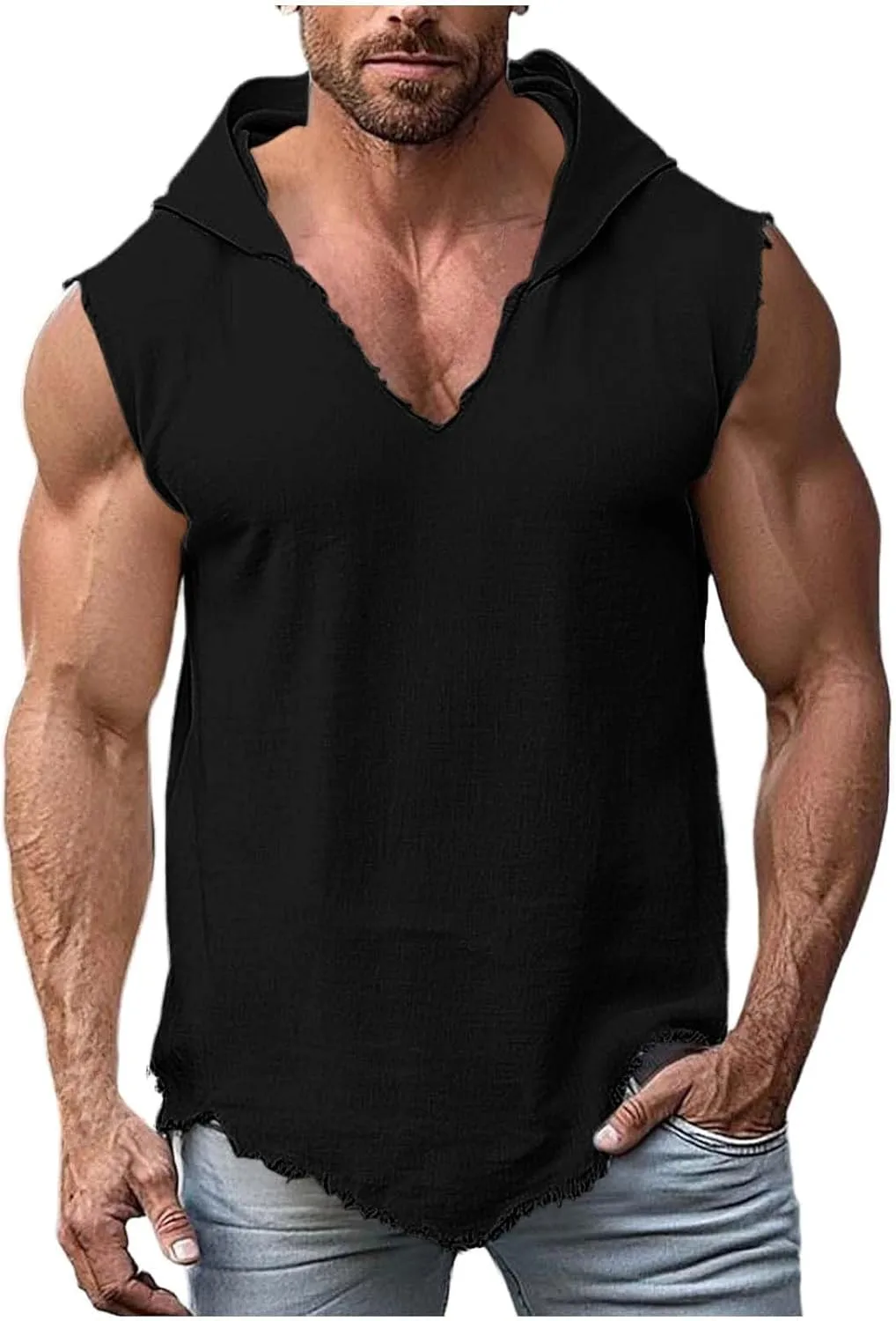 

Мужская хлопковая льняная майка с капюшоном, без рукавов, летняя