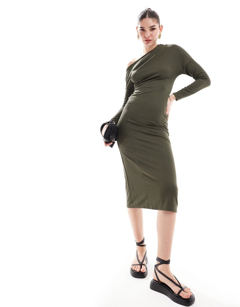 

Оливковое платье миди с длинными рукавами и драпировкой ASOS DESIGN
