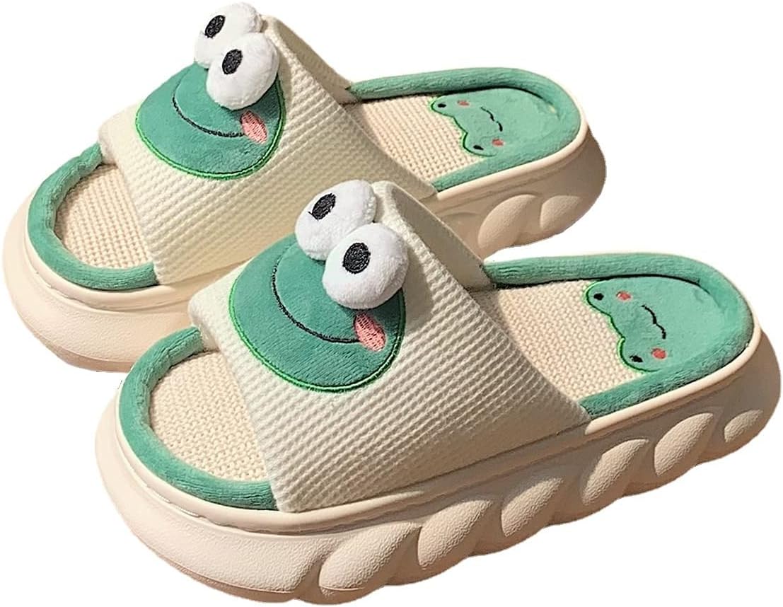 

Тапочки CEINOM Kawaii с лягушкой для женщин, льняные домашние тапочки, милые тапочки для женщин и мужчин, домашние тапочки для пола, для использования в помещении, зеленый