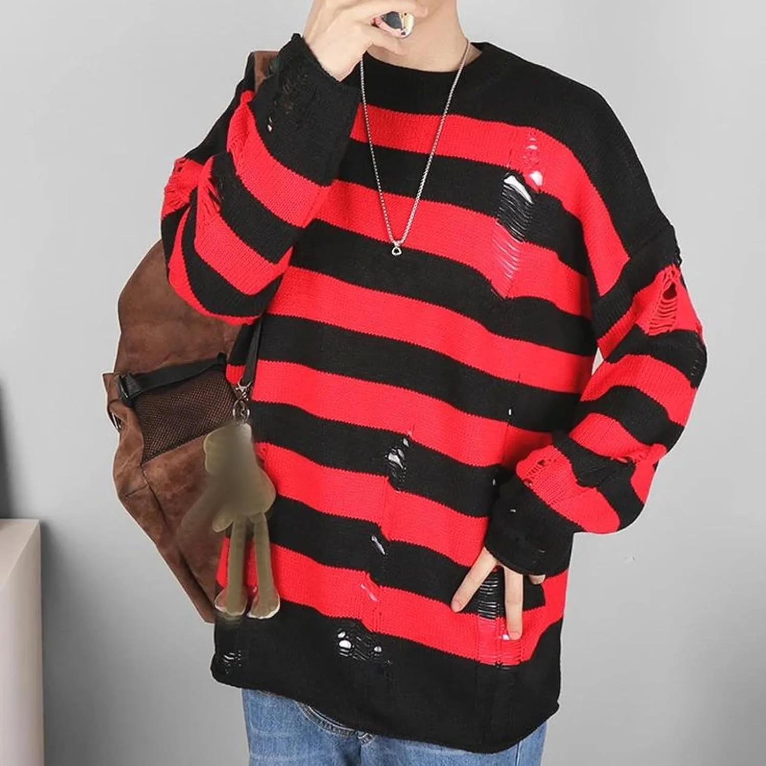 Полосатый свитер для мужчин Oversized Knit Pullover с прорезями — фото 3