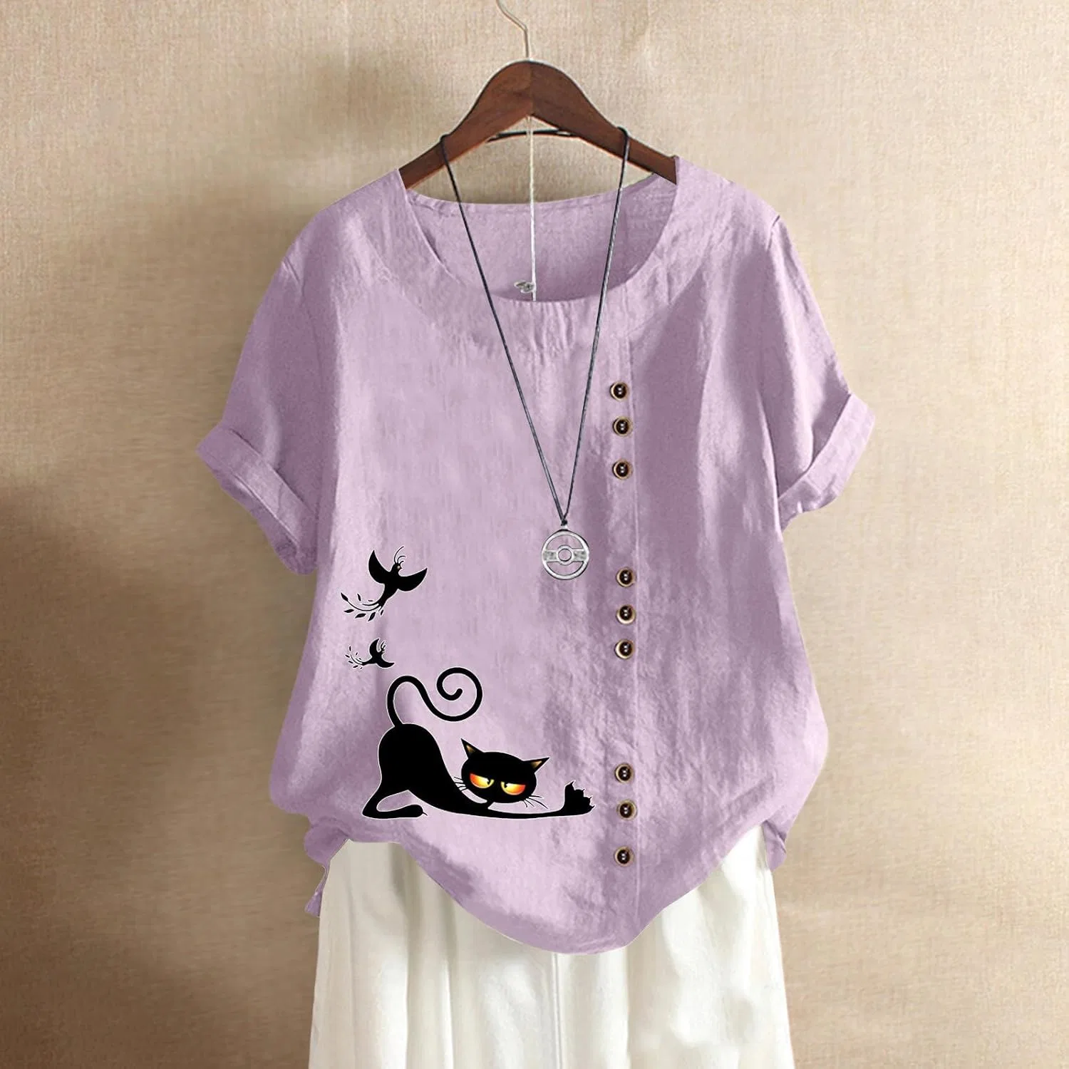 Блуза, свободная, из хлопка и льна, Women's Short Sleeve T-shirt, светло-фиолетовый — фото 3