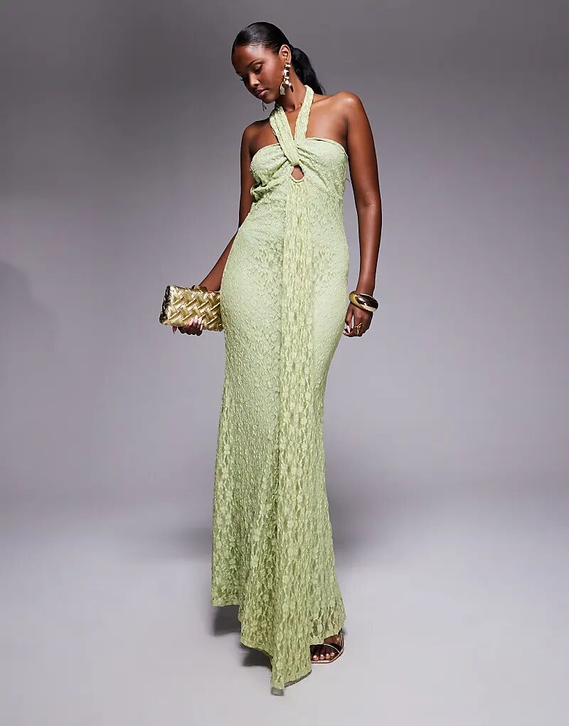 

Длинное платье ASOS DESIGN зеленого цвета с бретельками через шею и перекрещивающимися деталями спереди