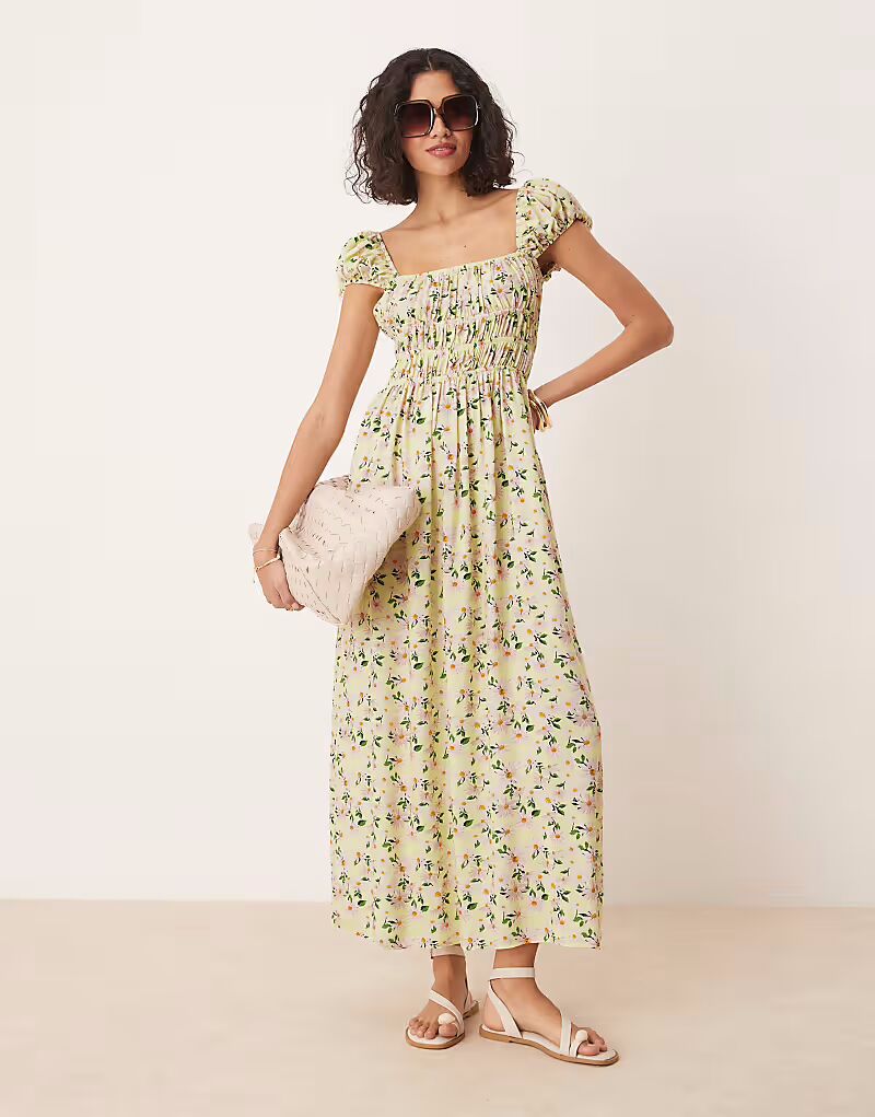

Платье миди ASOS DESIGN с квадратным вырезом, присборенной талией и цветочным принтом