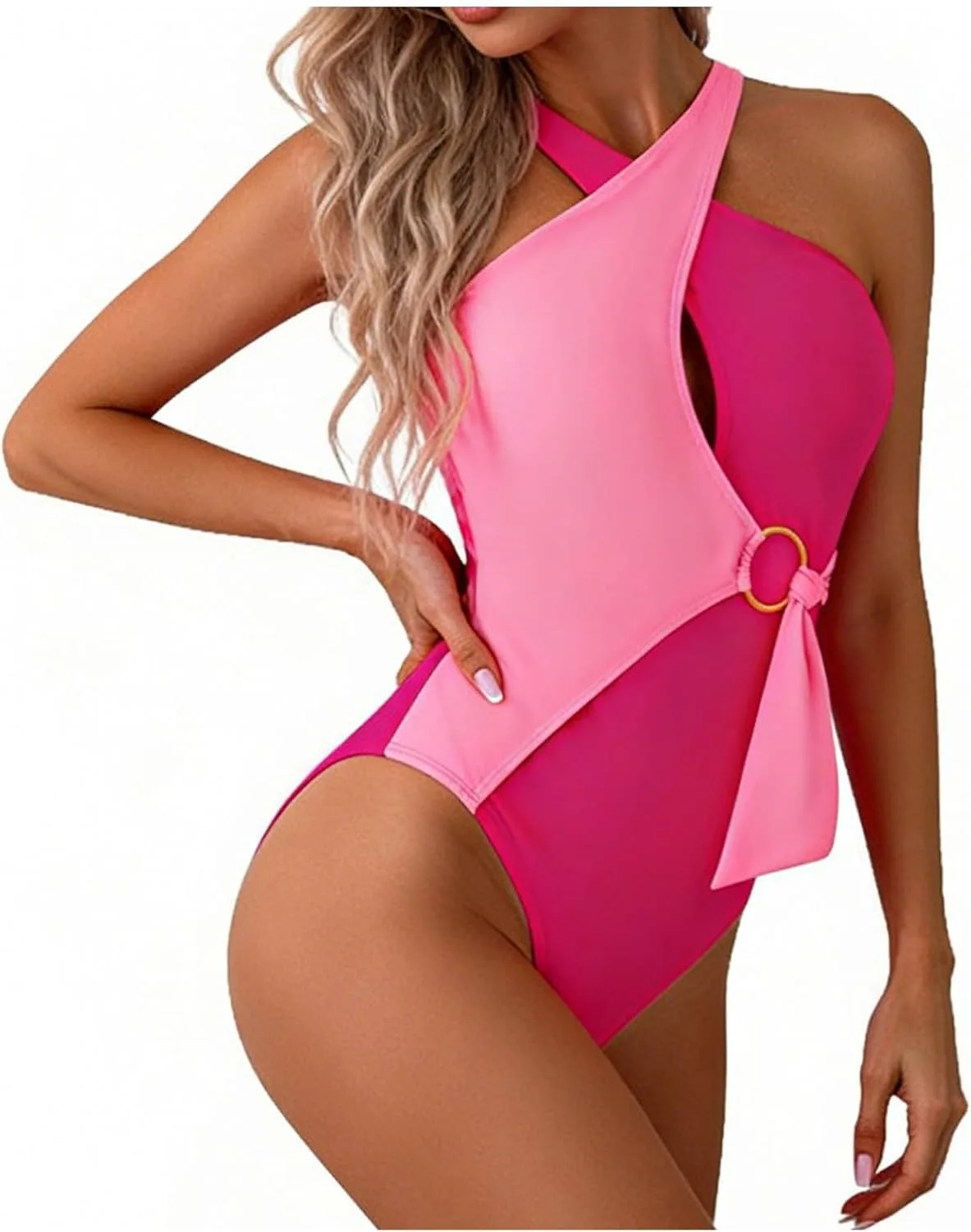 Женский сексуальный слитный купальник с перекрестным вырезом спереди, защитой от солнца, высокой талией, стильным летним купальником с узлом и эффектом утягивания живота Generic, розовый