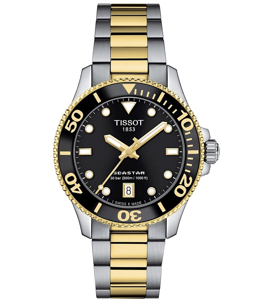 

Tissot унисекс Seastar 1000 кварцевые аналоговые двухцветные часы-браслет из нержавеющей стали, мультиколор