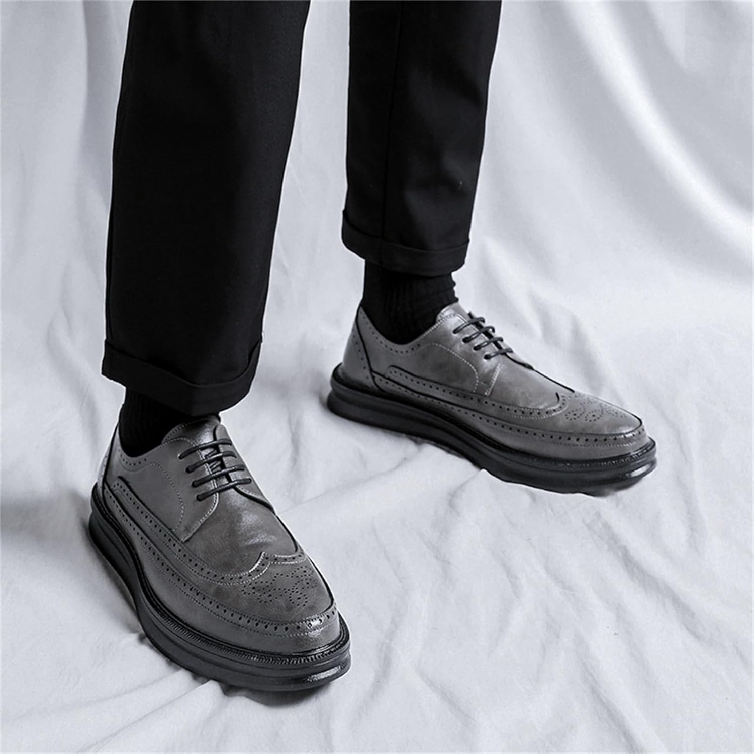 Мужские кожаные оксфорды с перфорацией Wingtip, дышащие, на шнуровке, с противоскользящей резиновой подошвой, ортопедическим комфортом для деловой одежды Jhfdioy, серый — фото 4
