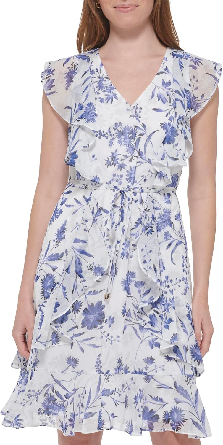 Женское шифоновое мини-платье Tommy Hilfiger с оборками и завязкой на талии, Ivory Multi — фото 2