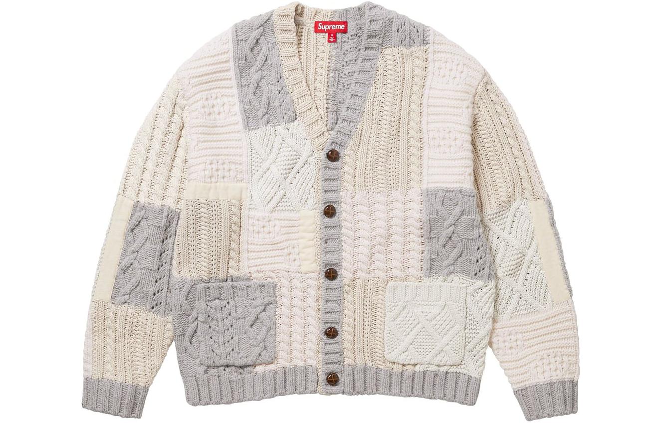 Вязаный кардиган Supreme с жаккардовым узором и пэчворком, цвет слоновая кость/слоновая кость — фото 2
