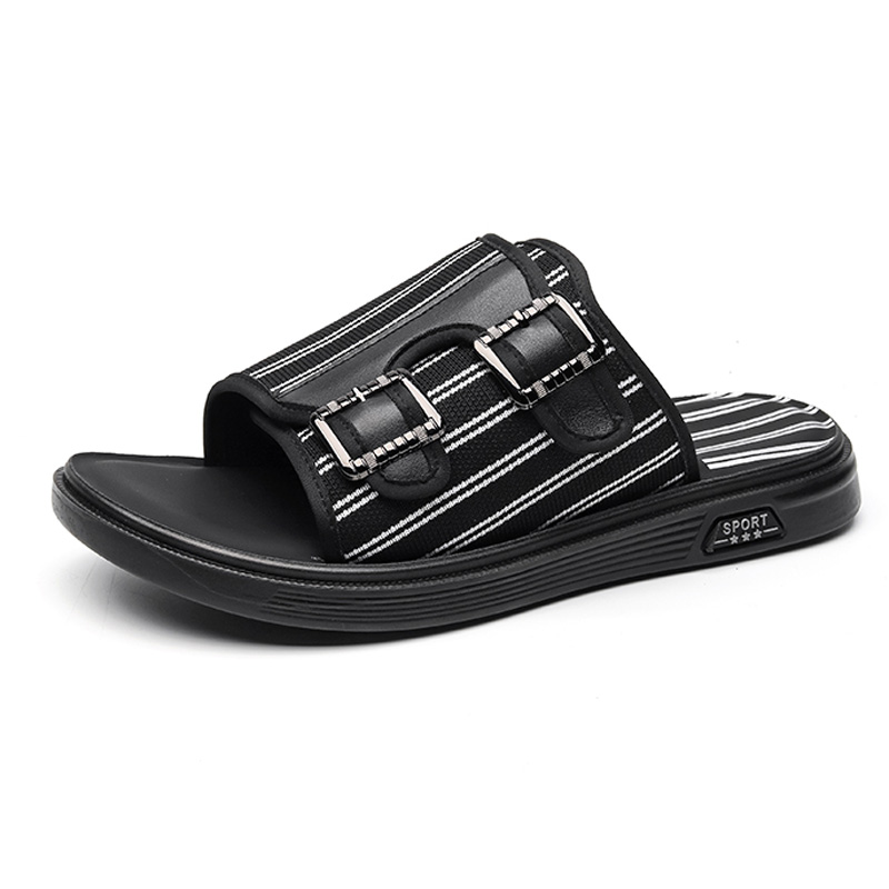 

SENJIALUO Сандалии Rubber Foam Outsole Leather Patchwork Stitching Slip Resistant Abrasion Resistant Slide Slippers Men's Black