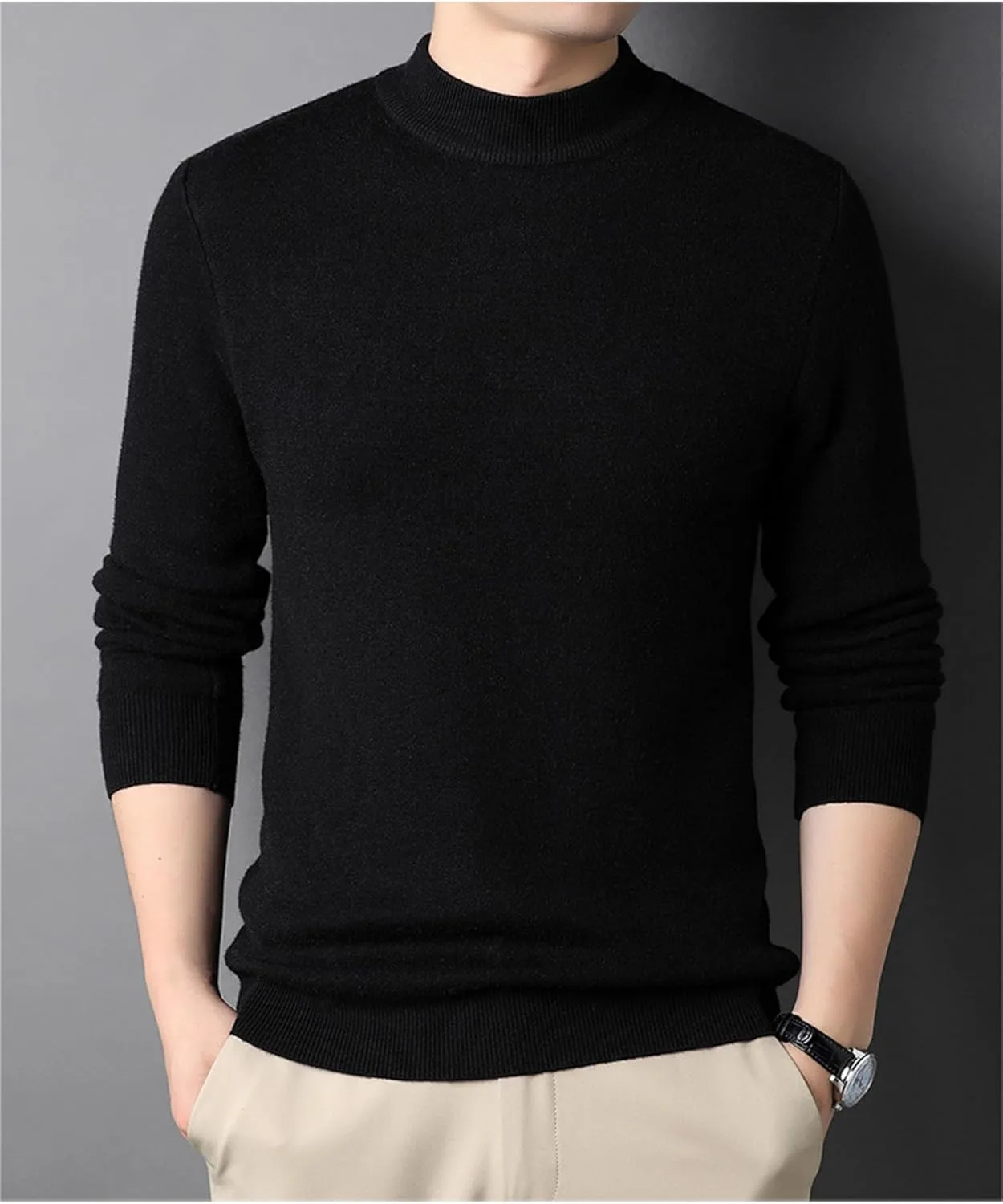 Мужской однотонный полуводолазный свитер с длинными рукавами, Slim Fit — фото 2
