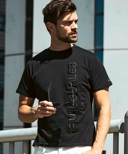 

1PIU1UGUALE3 RELAX Футболка с короткими рукавами, вертикальная вышивка логотипа, 1PIU1UGUALE3 RELAX, черный