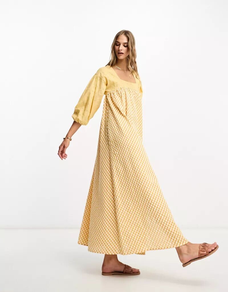 

Желтое платье миди в мелкую клетку ASOS Broderie Anglaise