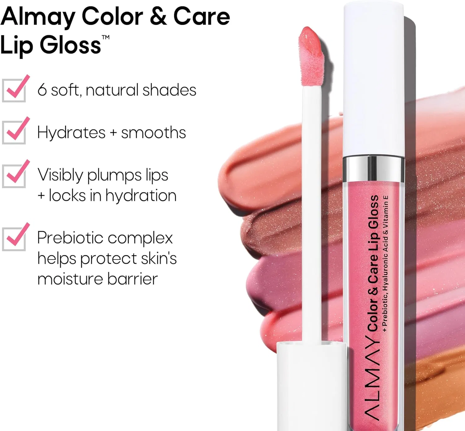 Блеск для губ Almay Color & Care увлажняющий с пребиотиками и гиалуроновой кислотой 200 Rose Glow 0.1 fl oz — фото 3
