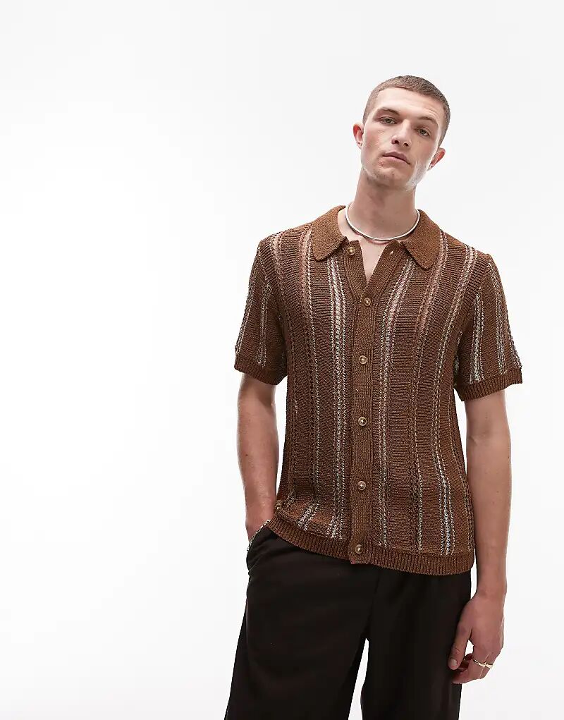 

Рубашка-поло Topman из вискозного трикотажа на пуговицах с металлическими полосками коричневого цвета
