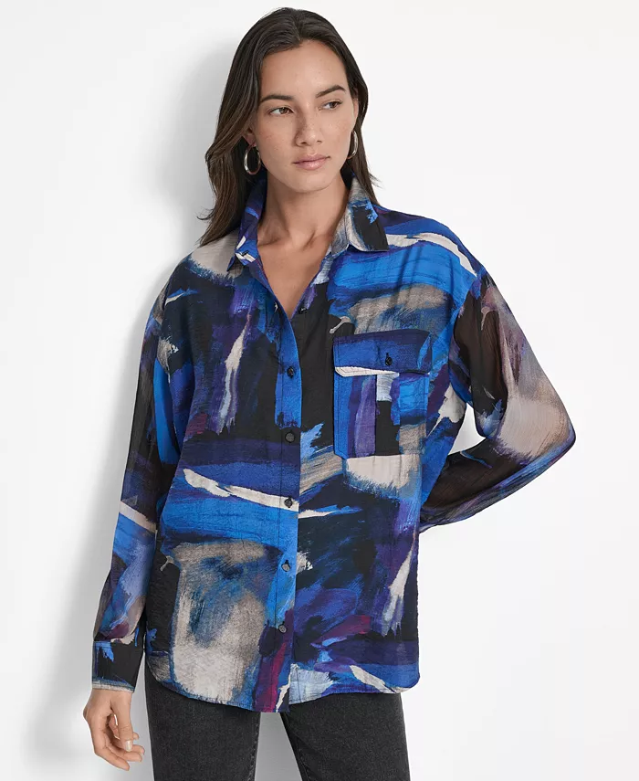 

Женская рубашка с принтом вуали и пуговицами спереди DKNY, синий