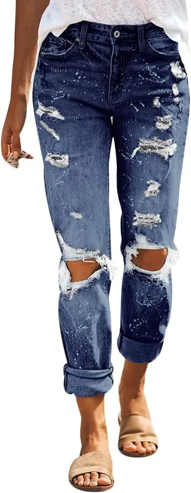 

Женские джинсы Mid Waist с потертостями и дырками, прямые, с подворотами Gediffwer