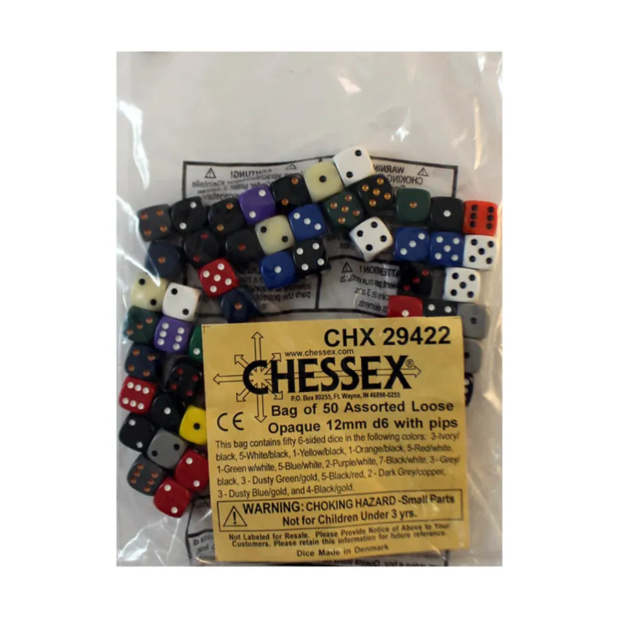 

Непрозрачный 12 мм d6 с кубиками Pips (50), Dice - Bags of Dice (Assorted Colors) (Chessex)