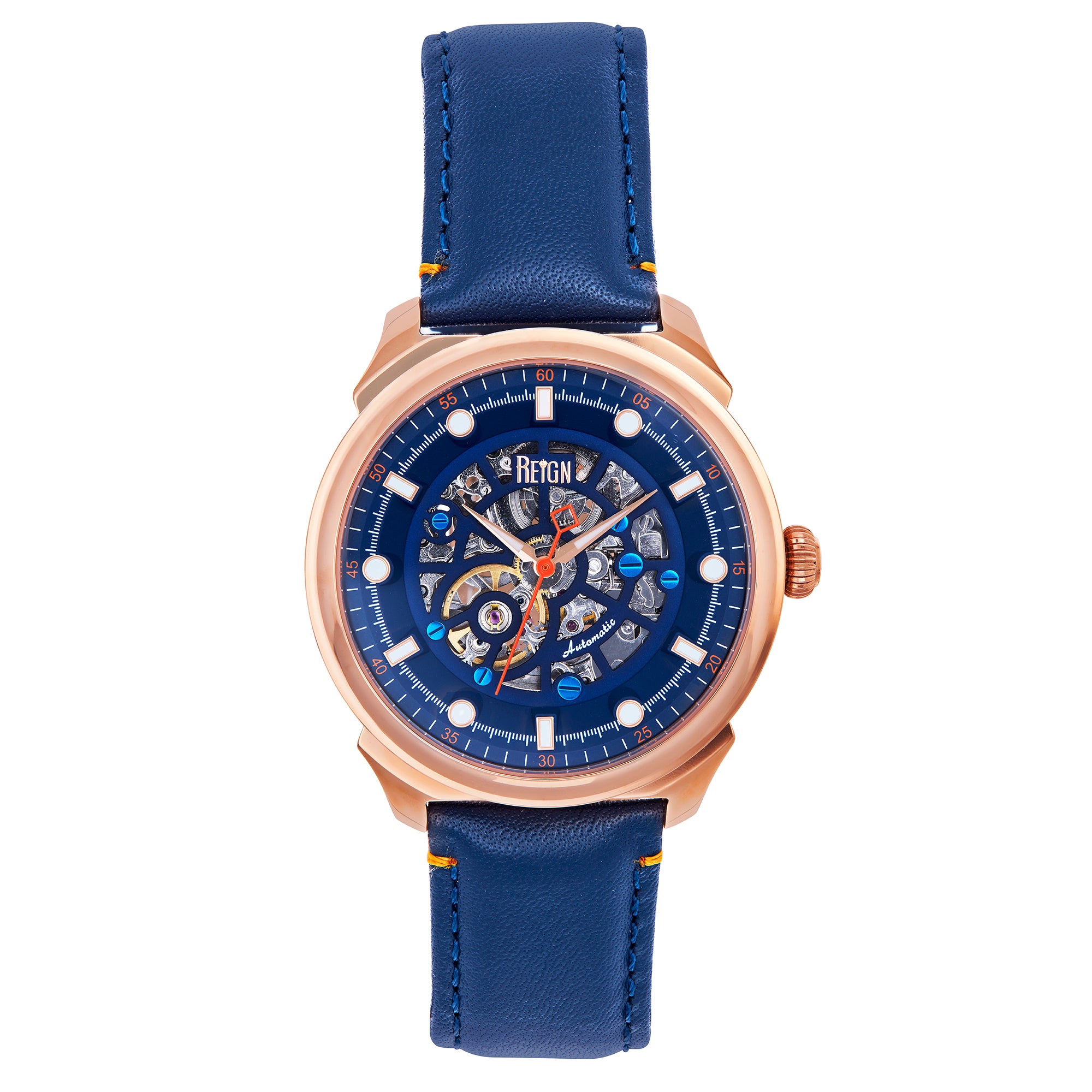

Часы Weston Automatic Skeletonized с кожаным ремешком - розовое золото/синий Reign