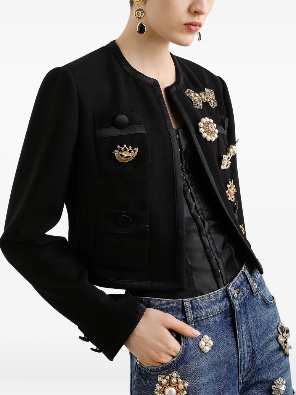 Укороченный жакет с вышивкой DOLCE & GABBANA, черный — фото 4