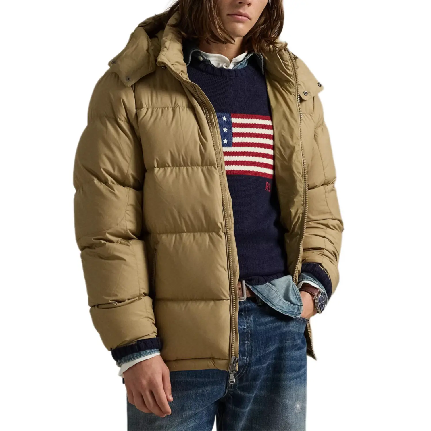 Утепленная куртка с капюшоном и утеплителем Polo Ralph Lauren, хаки — фото 4