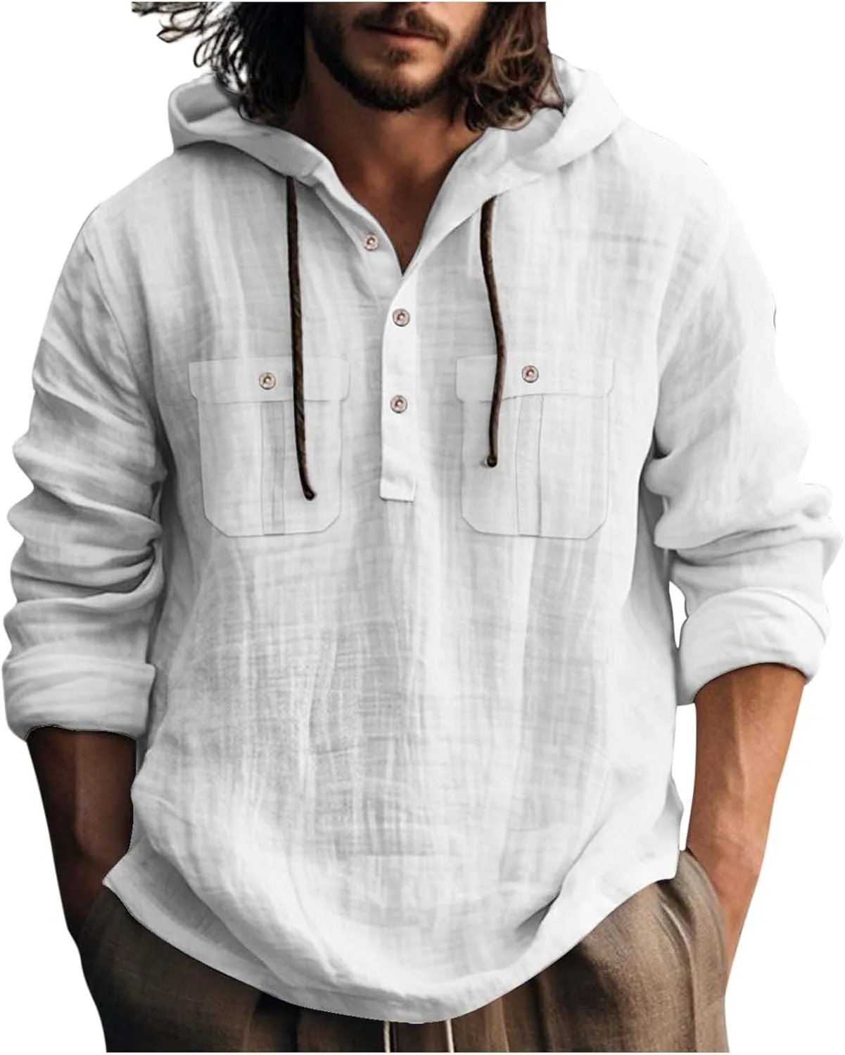 

Мужская хлопковая льняная толстовка с капюшоном и длинными рукавами на пуговицах Dovford