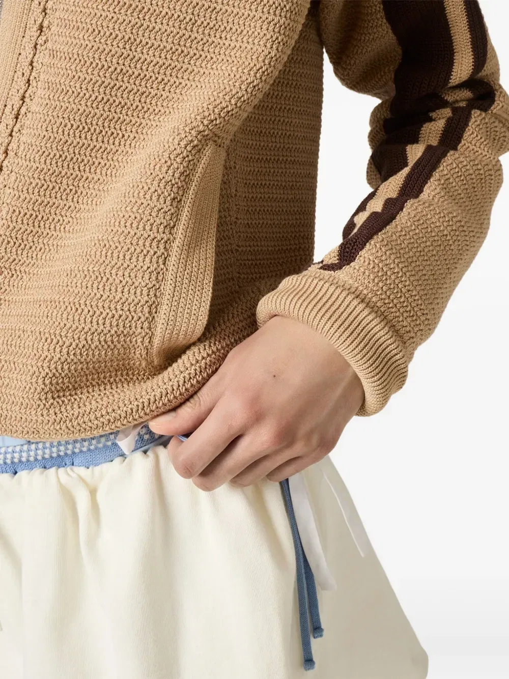 Хлопковый вязаный кардиган крючком Miu Miu, бежевый — фото 4