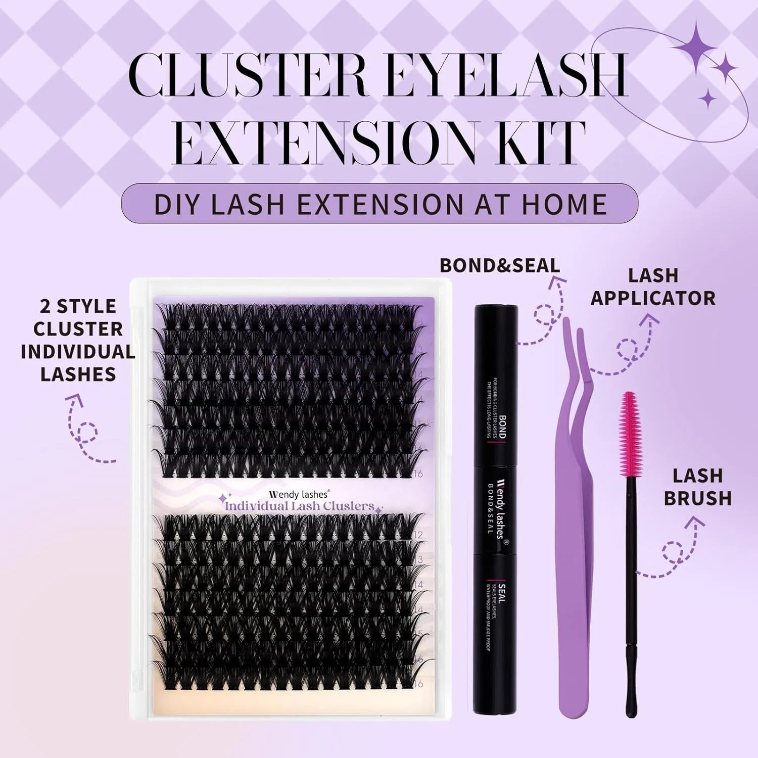 Набор для наращивания ресниц «60D + 80D Cluster Lashes Kit» C-изгиб Wendy Lashes, Kit-60D+80D-C Curl — фото 2