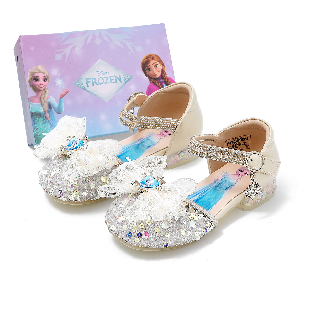 Детские кожаные туфли серии Frozen Series с противоскользящей подошвой, амортизирующие, устойчивые к истиранию и ударам Disney, серебряный — фото 2