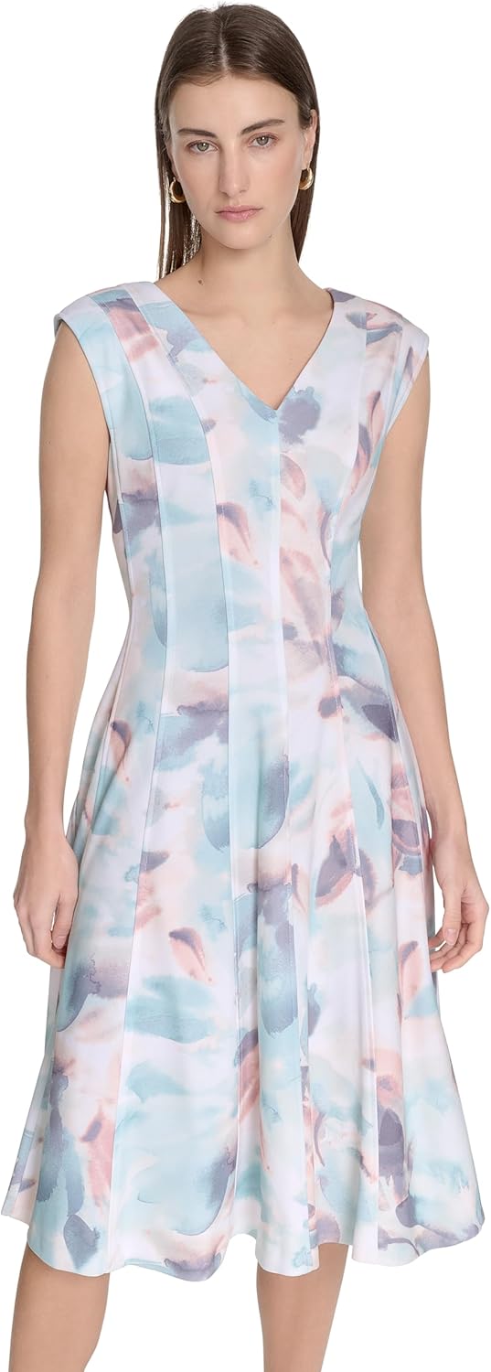 Платье миди Calvin Klein Women's Scuba Crepe с короткими рукавами и V-образным вырезом, Seaspy Mult — фото 2