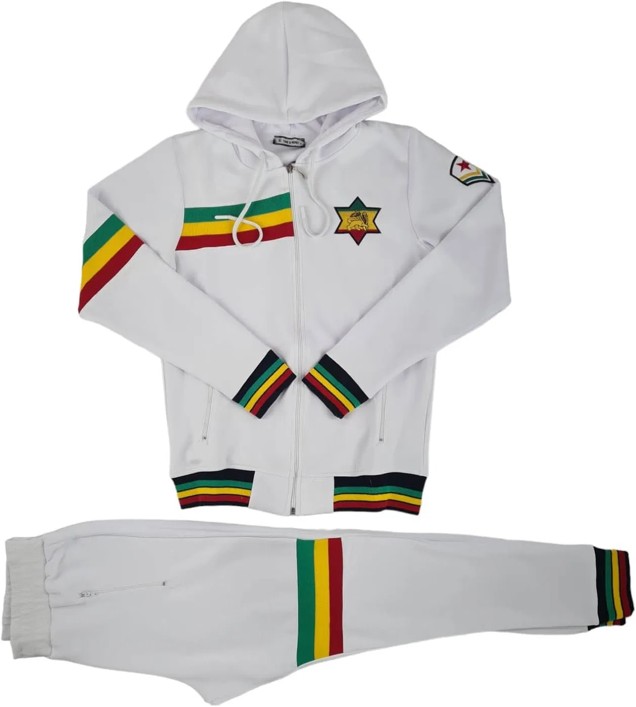 Мужской городской дизайнерский спортивный костюм Time Is Money Rasta Lion, черный, красный, белый, оливковый с золотой молнией — фото 2