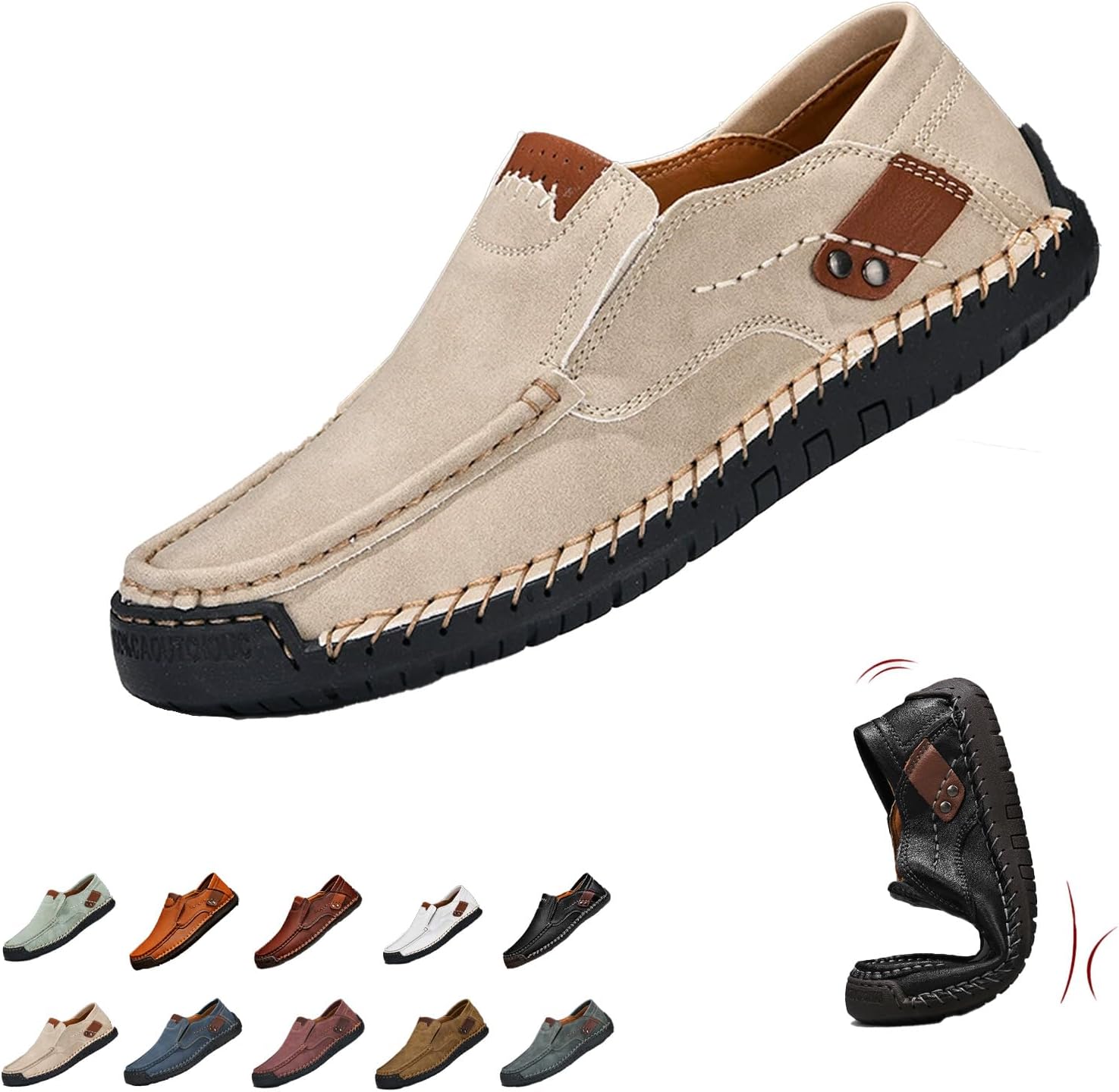 

Мужские вручную изготовленные мокасины из натуральной кожи, водонепроницаемые, без шнуровки, ортопедические прогулочные туфли, водительские мокасины Ghtrhsb, бежевый