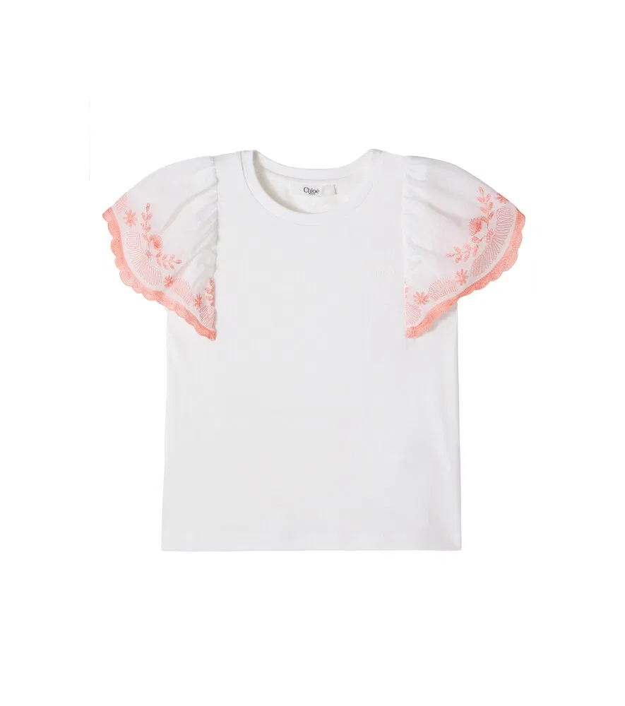 Вышитая хлопковая футболка Chloé Kids, белый