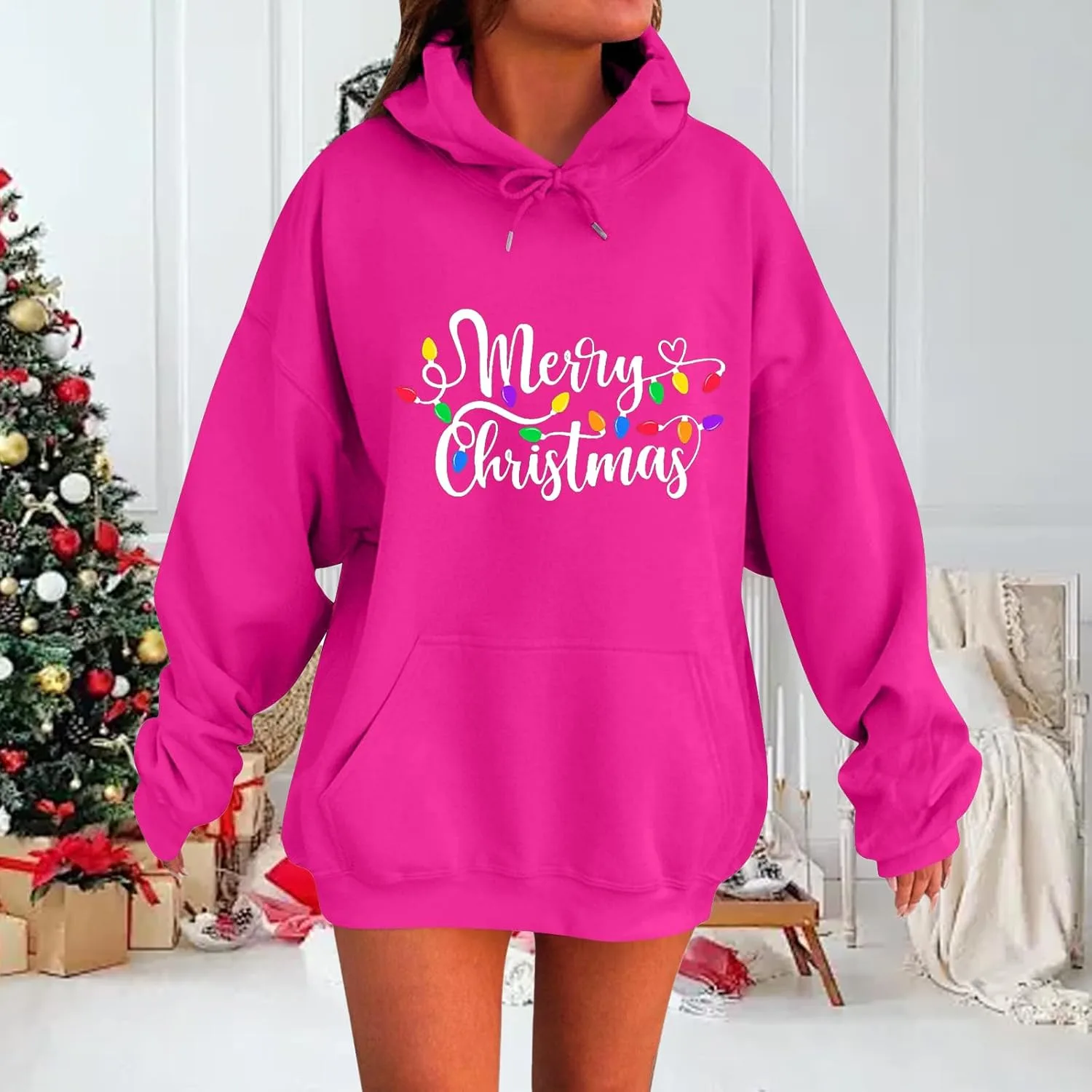 Толстовка с капюшоном Merry Christmas для женщин оверсайз с принтом, рождественский свитер, повседневный пуловер с карманом Generic, розовый — фото 4